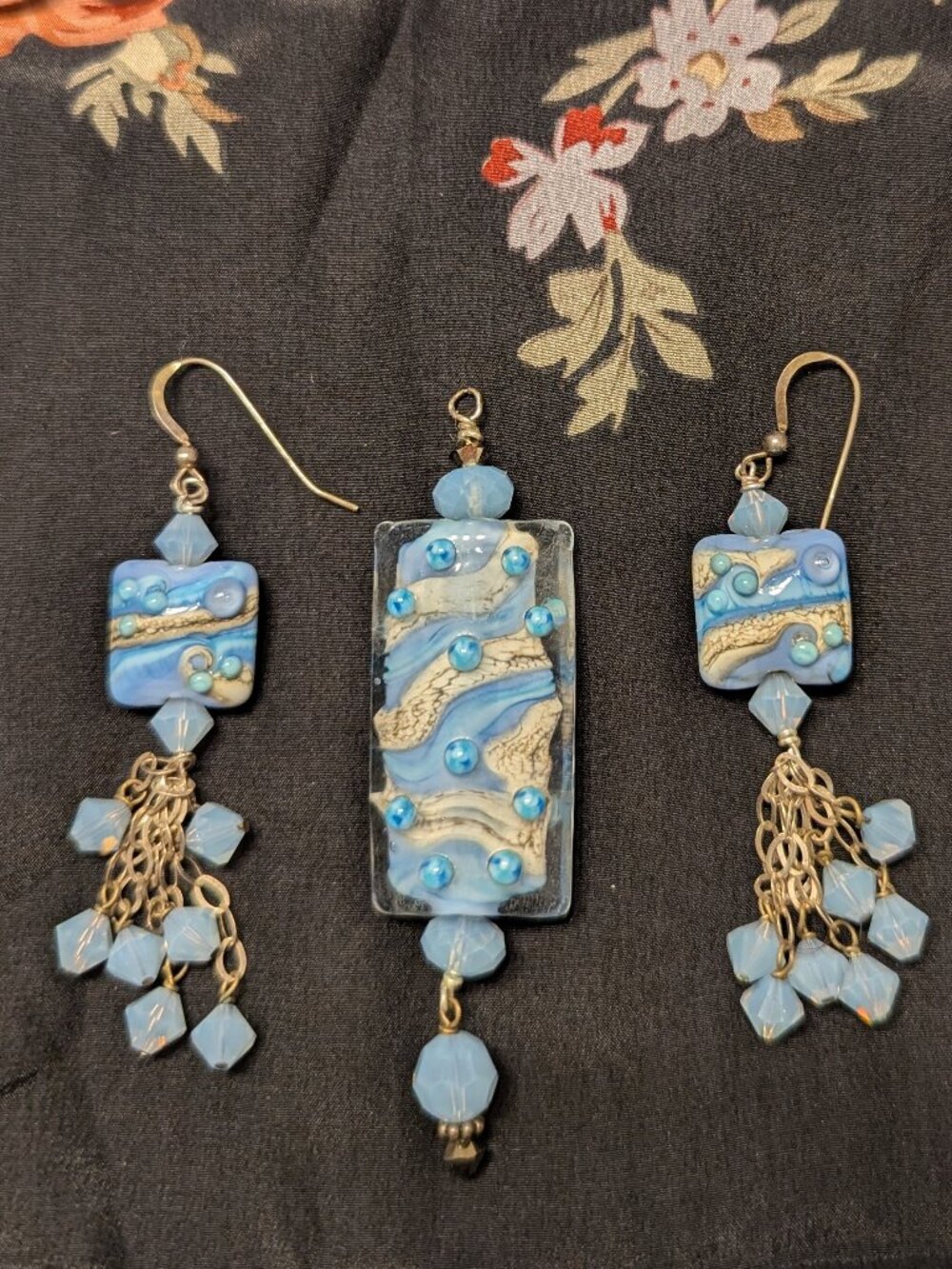 Venetian Lampwork Glass Pendant & Tassel Earring Set Blue/White/Silver Artisan